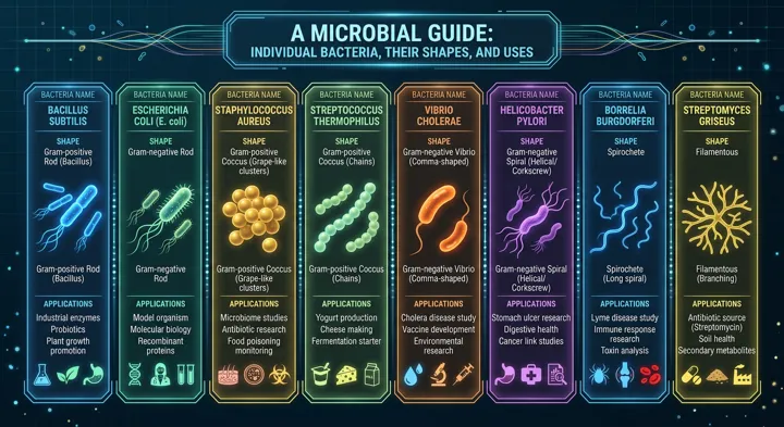Infographic of eight bacteria showing their shapes, including rod-shaped E. coli, chain-forming Streptococcus thermophilus, comma-shaped Vibrio cholerae and spiral Helicobacter pylori