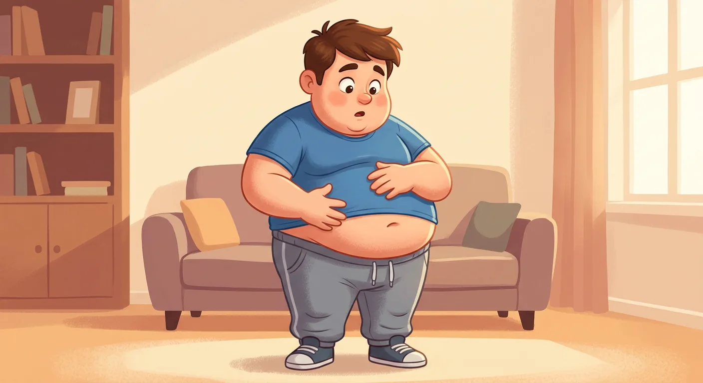Cartoon of a man in a blue t-shirt and track pants standing in his living room, holding his full, stretched belly with a surprised look