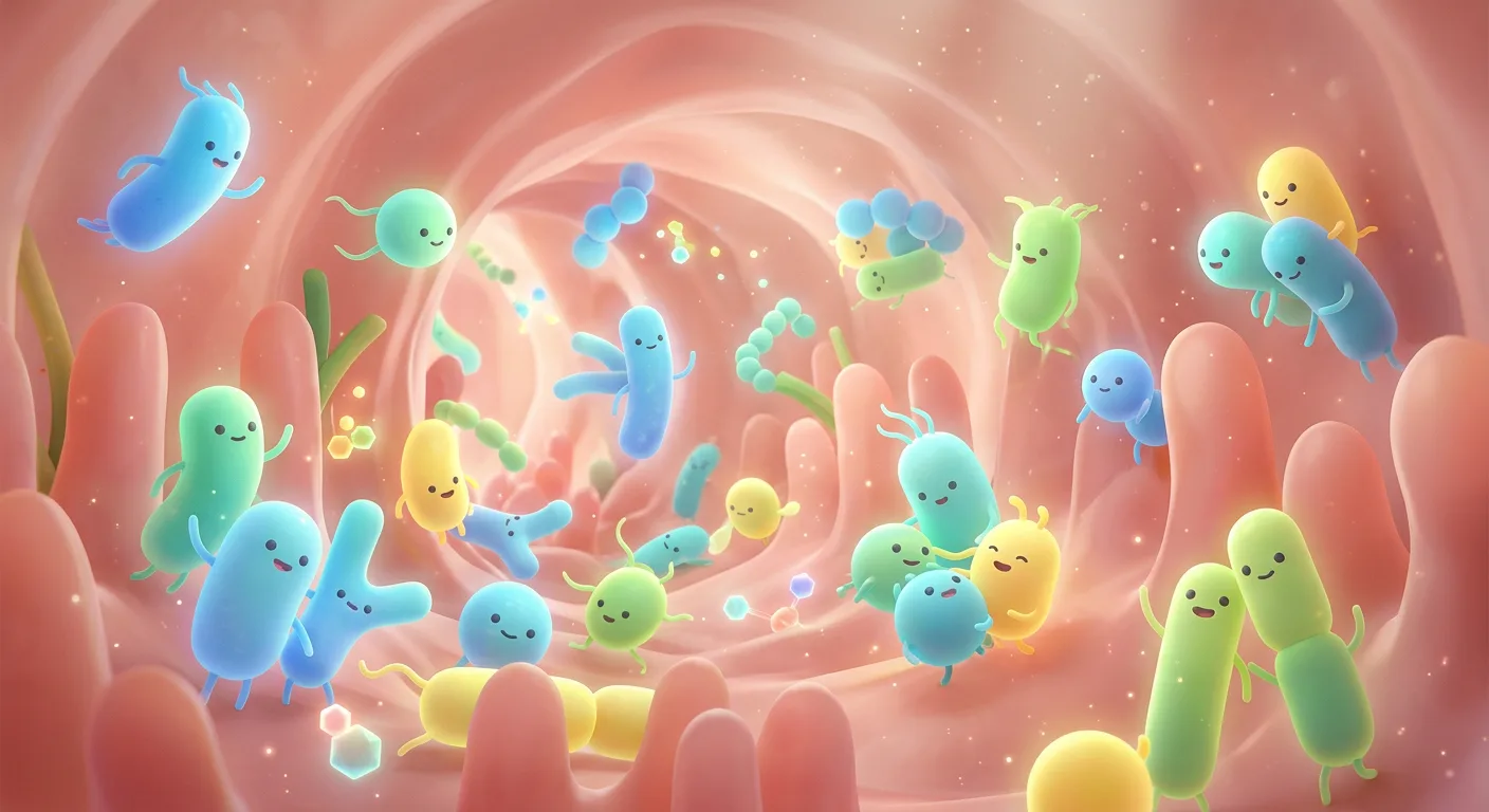Soft, pastel cartoon bacteria floating calmly through a rosy intestine