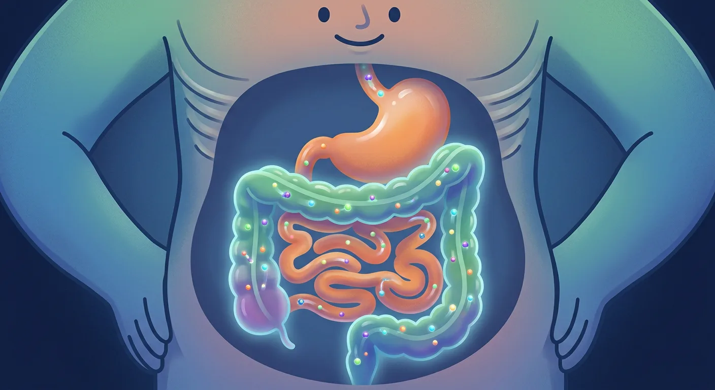 Illustration of the digestive system inside a person's belly, with the large intestine glowing and dotted with colourful gut bacteria