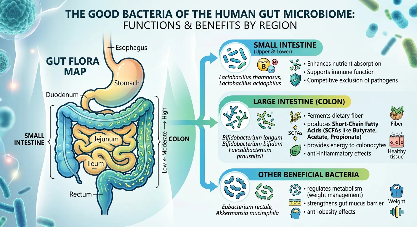 Infographic of the gut showing Lactobacillus in the small intestine and Bifidobacterium and Faecalibacterium in the colon, where they ferment fibre into short-chain fatty acids