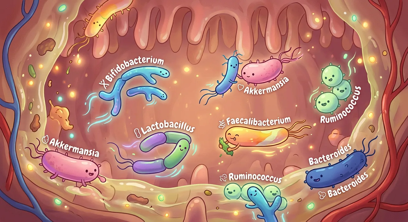 Cartoon gut bacteria with friendly faces, including Bifidobacterium, Lactobacillus, Akkermansia, Faecalibacterium, Ruminococcus and Bacteroides, inside the intestine