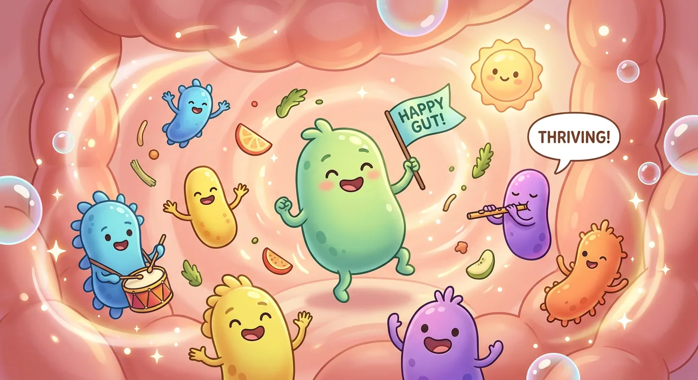 Cheerful cartoon gut bacteria celebrating inside the intestine, one waving a Happy Gut flag, surrounded by bits of fruit and vegetables