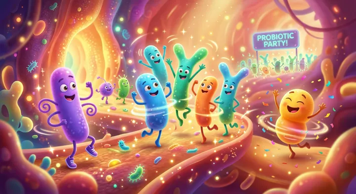 Cartoon gut bacteria dancing at a Probiotic Party inside the intestine