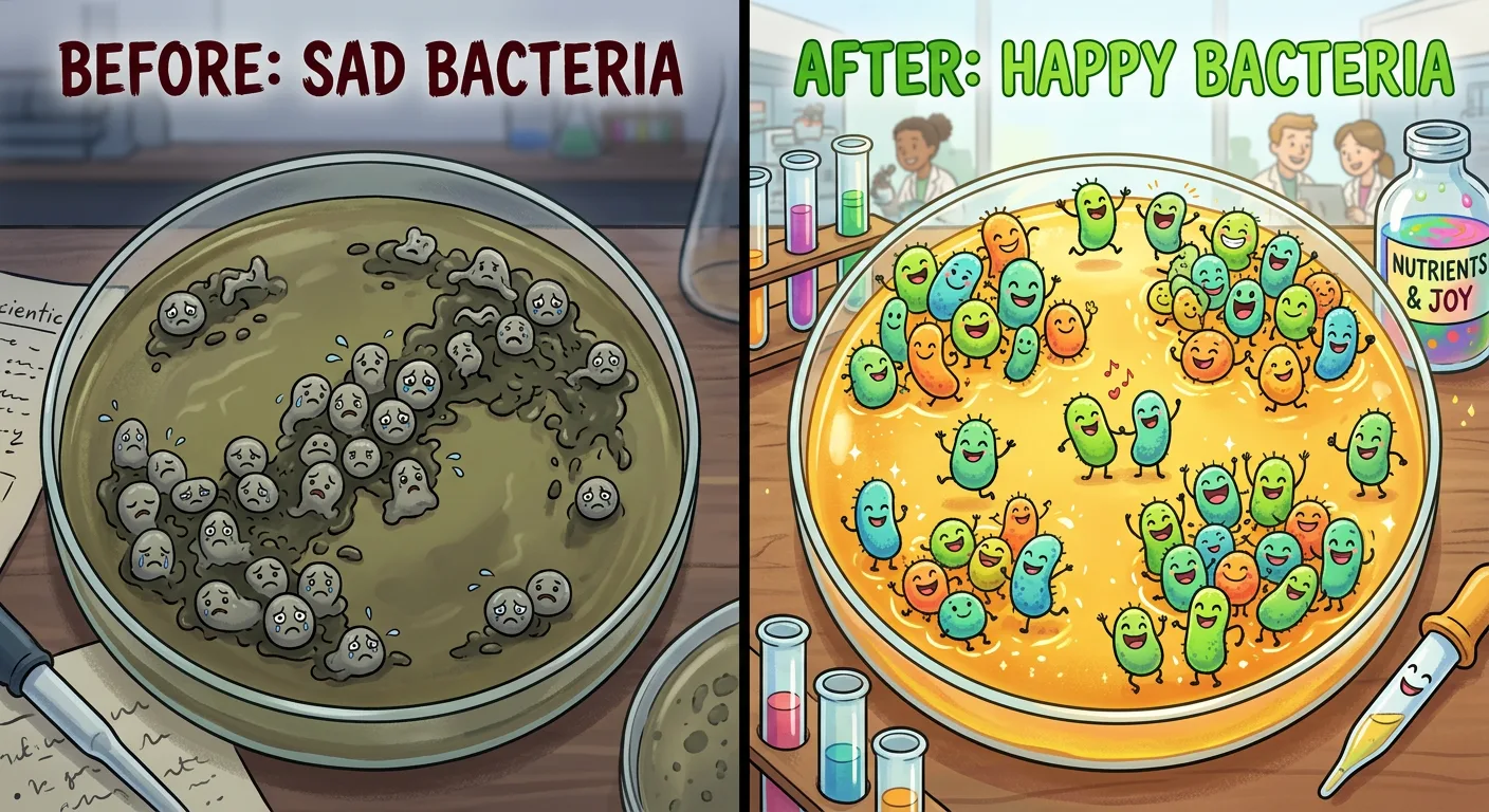 Cartoon before-and-after: grey, sad bacteria in a murky petri dish next to colourful, happy bacteria thriving in a bright golden dish